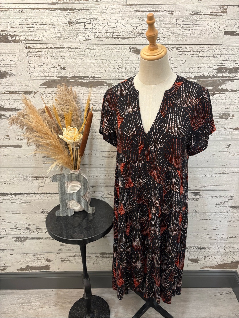 Maeve Black Dress with Orange & Cream Fireworks Print